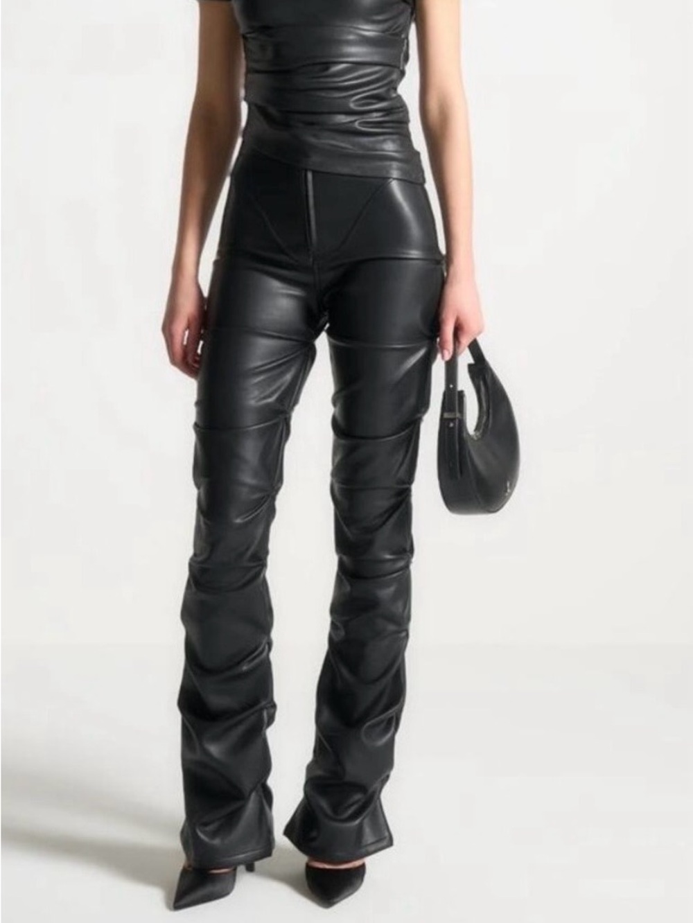 Like New Maniere De Voir Caroline Black Tacked Leather Flare Pants 6/8
